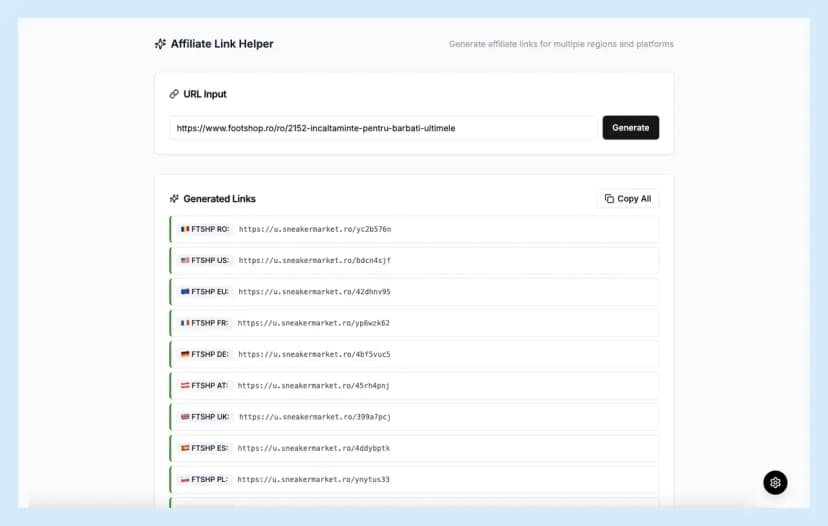 Affiliate link helper interface hosted via Vercel
