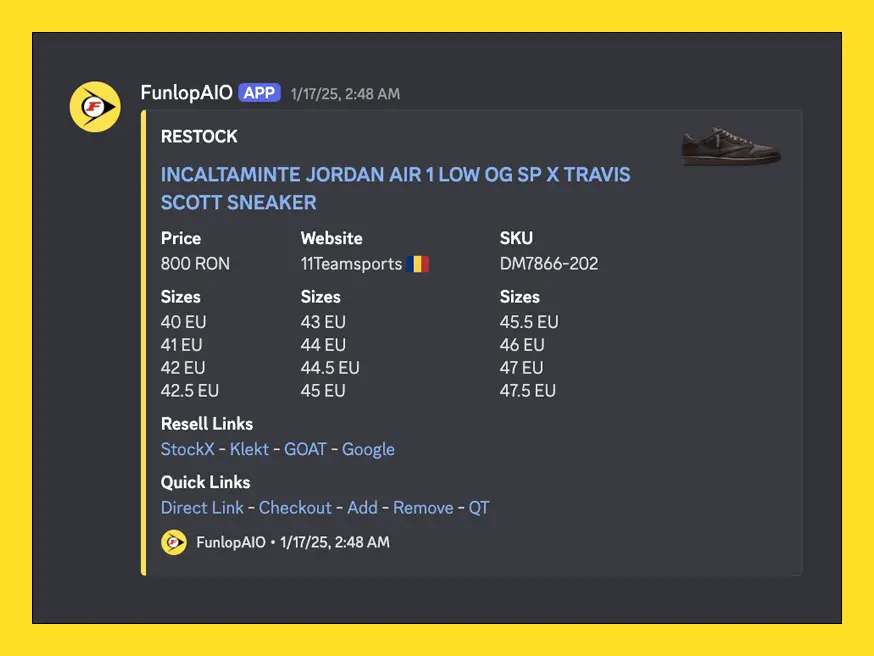 Example notification with a new online restock